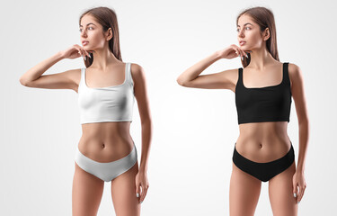 Mockup of white, black underwear, top and panties on a sexy girl. Set