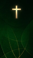 Golden Christian Cross on liturgic green copy space vertical banner background. 3D illustration for online worship live stream church sermon on Ordinary Time. Concept of hope, life and resurrection of