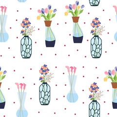Seamless pattern of colorful flowers in glass vase. Plants for decoration, spring flowers isolated on white background. Flowers for celebration.