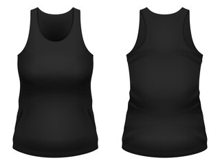 Blank black tank top template. Front and back views. Vector illustration.