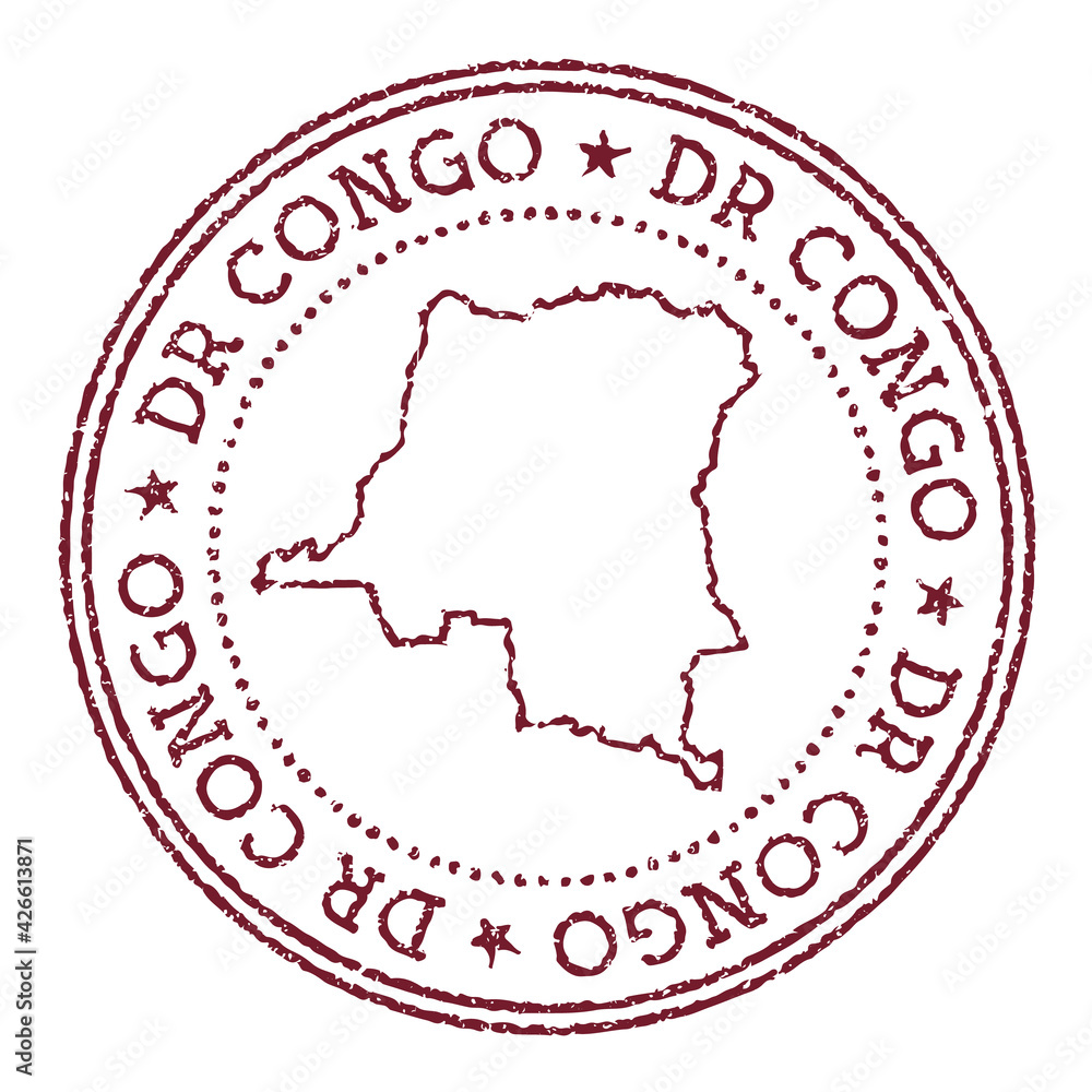 Wall mural dr congo round rubber stamp with country map. vintage red passport stamp with circular text and star