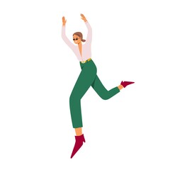 Happy young woman jumping for fun and joy, feeling freedom. Carefree smiling character with positive expression. Colored flat vector illustration of modern trendy person isolated on white background