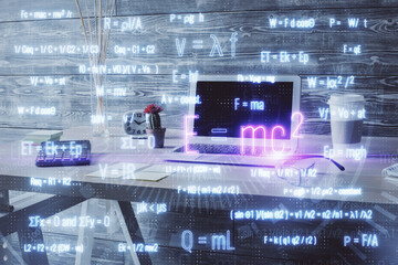 Double exposure of formulas drawing and office interior background. Concept of education.