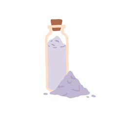 Glass bottle full of aromatic bath salt and heap of crystal powder. Organic cosmetic product with lavender fragrance for spa and beauty. Colored flat vector illustration isolated on white background