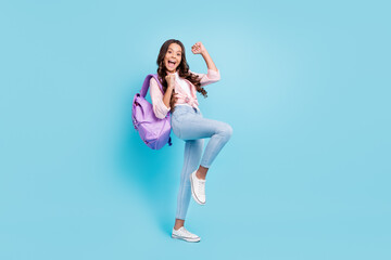 Full size photo of young happy excited crazy good mood girl raise fists in victory passed exams...