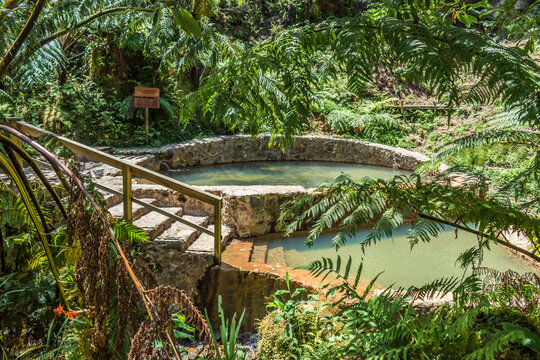 Thermal and hot pools in Caldeira Velha with tropical vegetation, São Miguel - Azores PORTUGAL