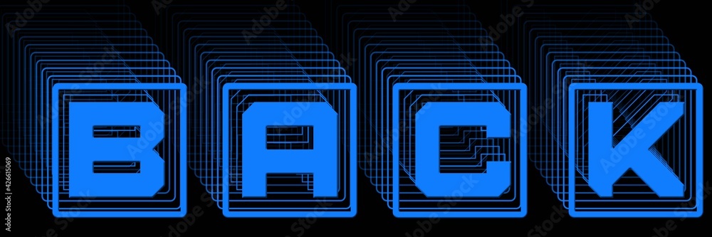 Aufkleber back - blue lettering in frame as abstract label with repeating effect on black background - 3d illu