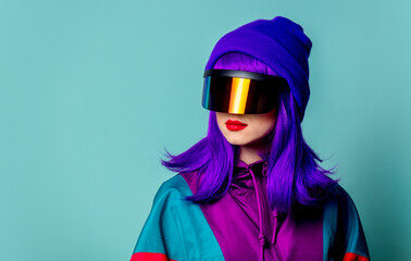 Stylish girl in cyber punk glasses and 80s tracksuit on blue background - obrazy, fototapety, plakaty