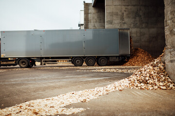 Fototapeta na wymiar the truck unloads tons of wood waste. sawdust and shavings are stored for further processing. mountain of waste wood
