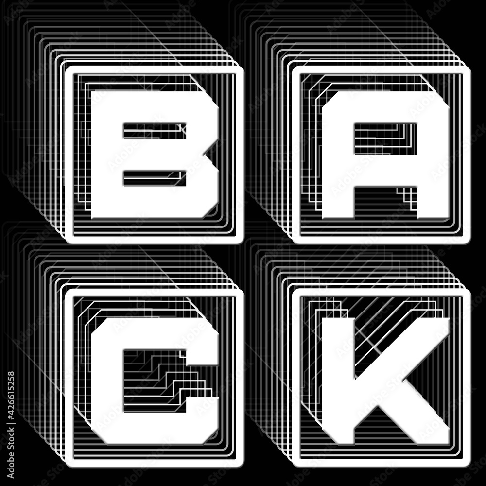Poster back - white lettering in frame as square logo with repeating effect on black background - 3d illust