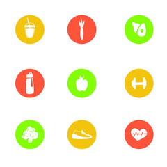 Healthy lifestyle icons. Vector graphics. Food, sports. Isolated on white background.
