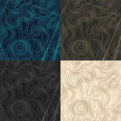 Topography patterns. Seamless elevation map tiles. Artistic isoline background. Modern tileable patterns. Vector illustration.