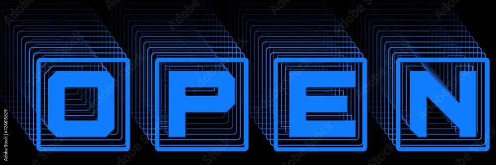 Poster open - blue lettering in frame as abstract label with repeating effect on black background - 3d illu