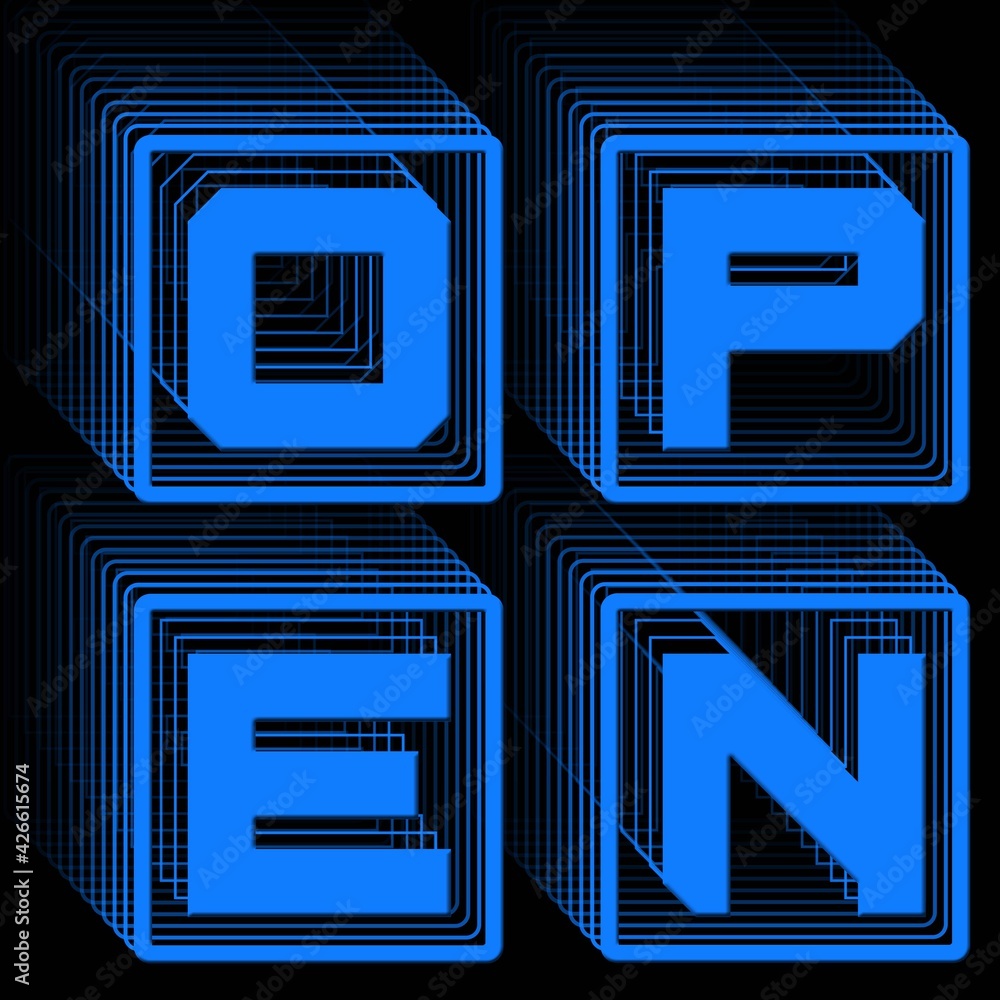 Poster open - blue lettering in frame as square logo with repeating effect on black background - 3d illustr