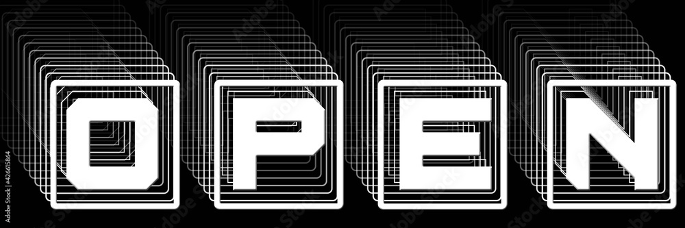 Poster open - white lettering in frame as abstract label with repeating effect on black background - 3d ill