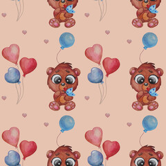 Seamless pattern. Cute little bear and butterfly on a pink background with balloons and hearts. Watercolor. Childrens collection for print, textile, wallpaper, packaging, design and decor