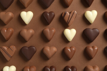Beautiful heart shaped chocolate candies on brown background, flat lay