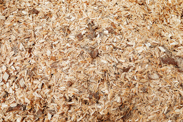 the texture of sawdust. production waste in woodworking. macro photo of small chips from sawing wood