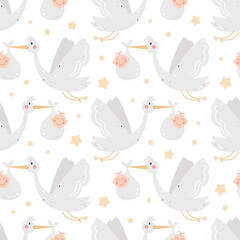 Childish seamless pattern with storks and babies.