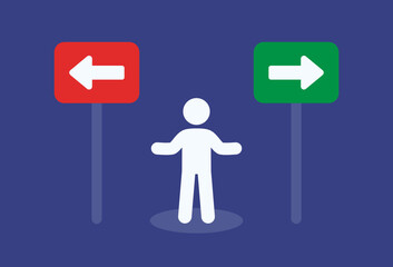 Choice making red or green arrow for different directions. Decision for choose a way. Vector illustration. 