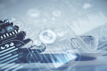 Double exposure of technology theme drawing and desktop with coffee and items on table background. Concept of high tech.