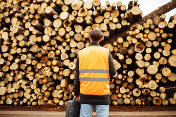 a worker in overalls stands with his back to the wood warehouse. a lot of logs harvested for...