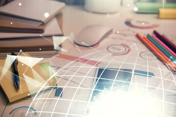 Double exposure of map drawing and cell phone background. Concept of data globalization