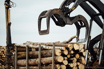 the front loader works in a wood processing plant. industrial excavator with mechanical gripper transports wood in the warehouse