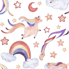 Seamless pattern from a set of watercolor illustrations of a flying unicorn, sleeping unicorn, rainbows between clouds, falling stars, stars and moon in blue, purple, terracotta, cream colors isolated