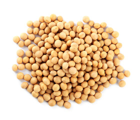 Heap of soya beans isolated on white, top view