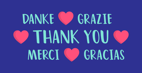 Thank you in foreign languages. Danke, Grazie, Merci, Gracias lettering card vector.