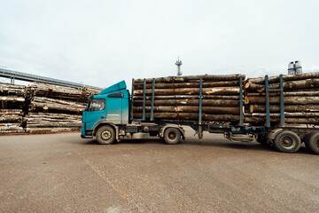 a truck with tree trunks. cargo transportation at a wood processing plant. logistics company for the transportation of raw materials for industry