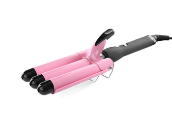 Modern triple curling iron isolated on white