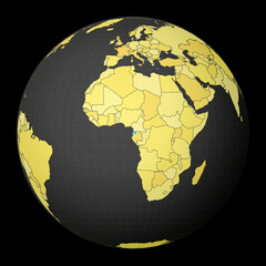 Equatorial Guinea on dark globe with yellow world map. Country highlighted with blue color. Satellite world projection centered to Equatorial Guinea. Stylish vector illustration.
