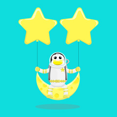 Illustration vector graphic cartoon of cute penguin astronaut sitting on the moon with stars. Childish cartoon design suitable for product design of children's books, t-shirt, greeting cards etc