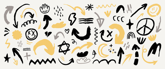 Vector Arrow doodle design vector. Hand drawn Old school tattoo vector elements.
Trendy hipster icon funny design with brush and texture. Cartoon elements.