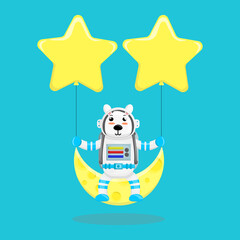Illustration vector graphic cartoon of cute polar bear astronaut sitting on the moon with stars. Childish cartoon design suitable for product design of children's books, t-shirt, greeting cards etc