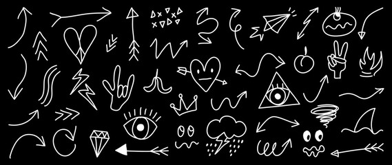 Naklejka premium Vector Arrow doodle design vector. Hand drawn Old school tattoo vector elements. Trendy hipster icon funny design with brush and texture. Cartoon elements.