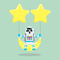 Illustration vector graphic cartoon of cute raccoon astronaut sitting on the moon with stars. Childish cartoon design suitable for product design of children's books, t-shirt, greeting cards etc
