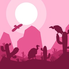 vulture bird animal silhouette desert savanna landscape flat design vector illustration