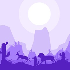 lion hunt antelope deer animal silhouette desert savanna landscape flat design vector illustration