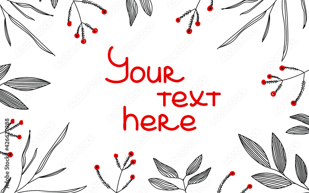Poster graphic background frame with plants in the style of line art for writing different tests. black pla