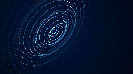 Abstract circle blue wave with moving dots. Flow of particles. Cyber technology illustration. 3d rendering
