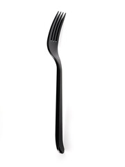 Plastic black disposable fork isolated on a white background. Disposable tableware