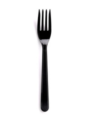 Plastic black disposable fork isolated on a white background. Disposable tableware