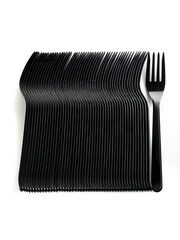 Packaging of plastic black disposable forks, isolated on a white background. Disposable tableware. Top view  on white background.