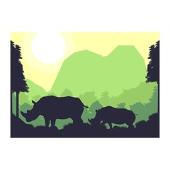 Rhinoceros animal silhouette forest mountain landscape flat design vector illustration