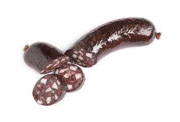Cut tasty blood sausage on white background, top view