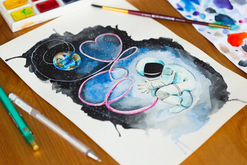 Watercolor picture of the cosmonaut, connected to the Earth by an umbilical cord, in outer space,...