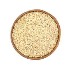 Wooden bowl with raw quinoa isolated on white, top view